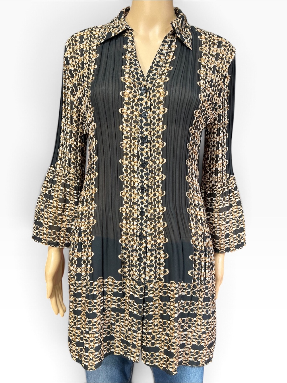 Alfani Womens Black Gold Chains Button Up Bell Sleeve Crinkle Boho Tunic Shirt